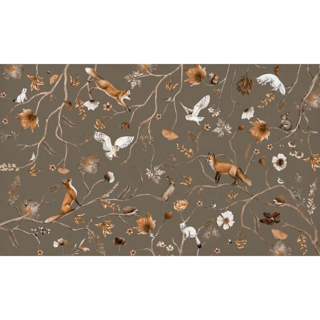 Fototapete Playful Forest taupe – ruhiges Waldmotiv für Baby- und Kinderzimmer