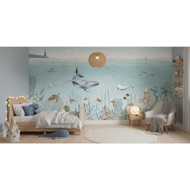 Fototapete Secret Sealife – zauberhafte Unterwasserwelt mit Wal und Delfin für Kinderzimmer