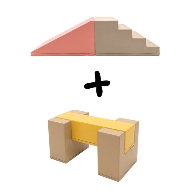 Foamblokken glijbaan met brug in Pastel Pink – Veilig, modulair en leuk voor kinder- en speelkamers