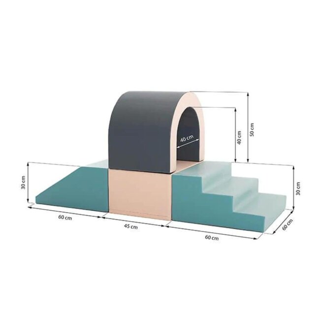 Foam blokken tunnel set in zachte pastel kleuren voor kruipen, klimmen & spelen
