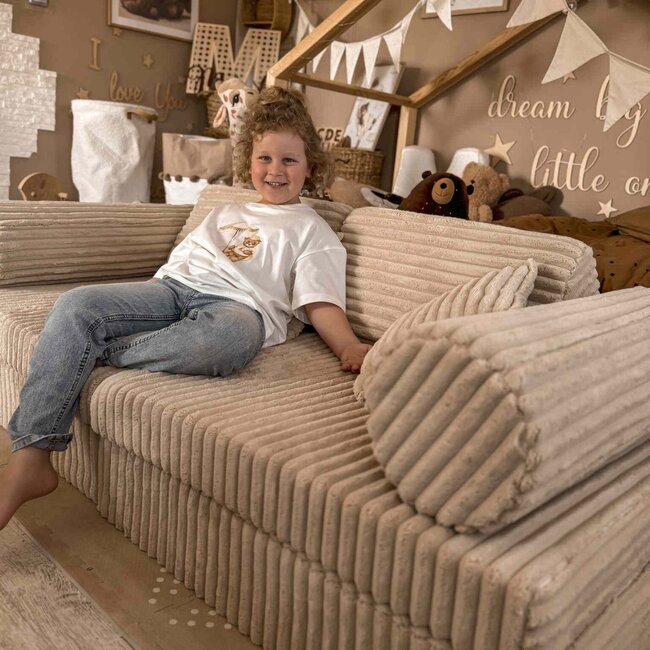 Canapé Montessori luxe en velours waffle caramel – ensemble modulaire 13 pièces