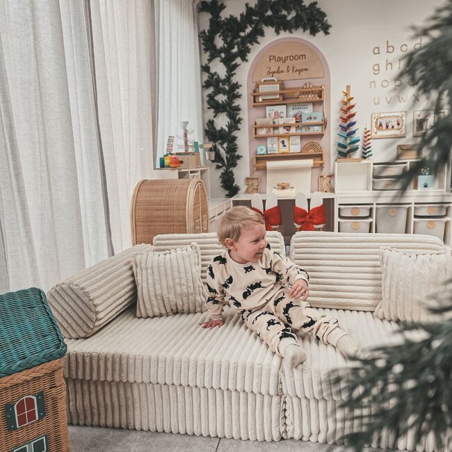 Luxe Montessori speelbank in ecru Waffle corduroy – 13-delige modulaire set
