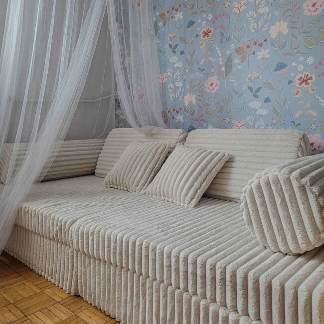 Canapé Montessori luxe en velours waffle ecru – ensemble modulaire 13 pièces