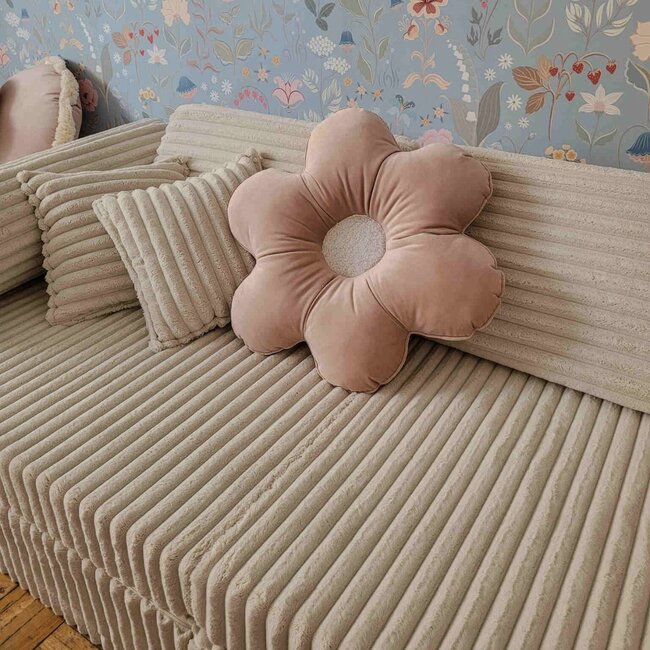 Canapé Montessori luxe en velours waffle ecru – ensemble modulaire 13 pièces