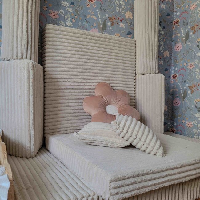 Canapé Montessori luxe en velours waffle ecru – ensemble modulaire 13 pièces