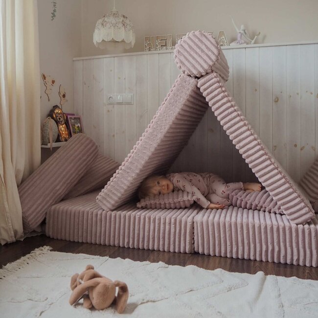 Canapé Montessori luxe en velours waffle rose clair – ensemble modulaire 13 pièces