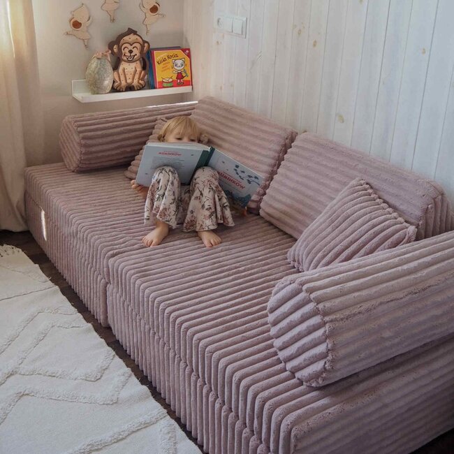 Canapé Montessori luxe en velours waffle rose clair – ensemble modulaire 13 pièces
