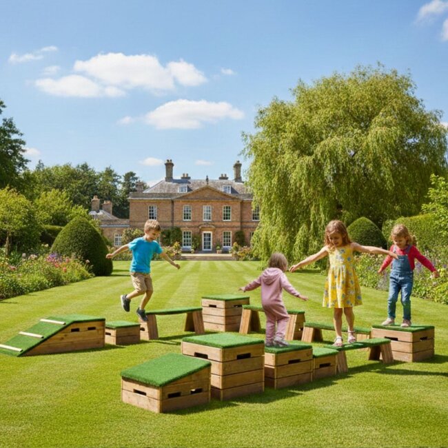 Flexible and durable play platform with multiple sections for jumping, balancing, and creative obstacle courses