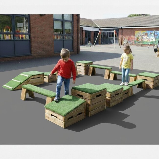 Flexible and durable play platform with multiple sections for jumping, balancing, and creative obstacle courses