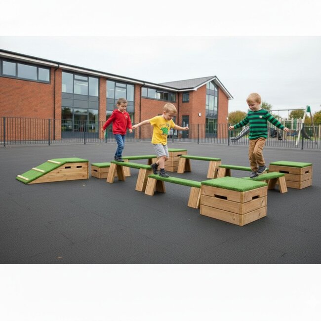 Flexible and durable play platform with multiple sections for jumping, balancing, and creative obstacle courses