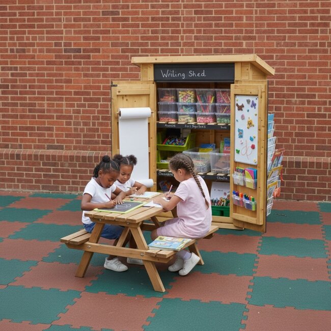 Maison d’écriture avec tableau – Organiser le matériel et stimuler créativité et apprentissage en plein air