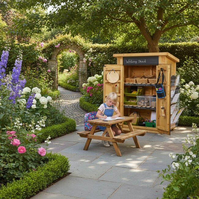 Maison d’écriture avec tableau – Organiser le matériel et stimuler créativité et apprentissage en plein air