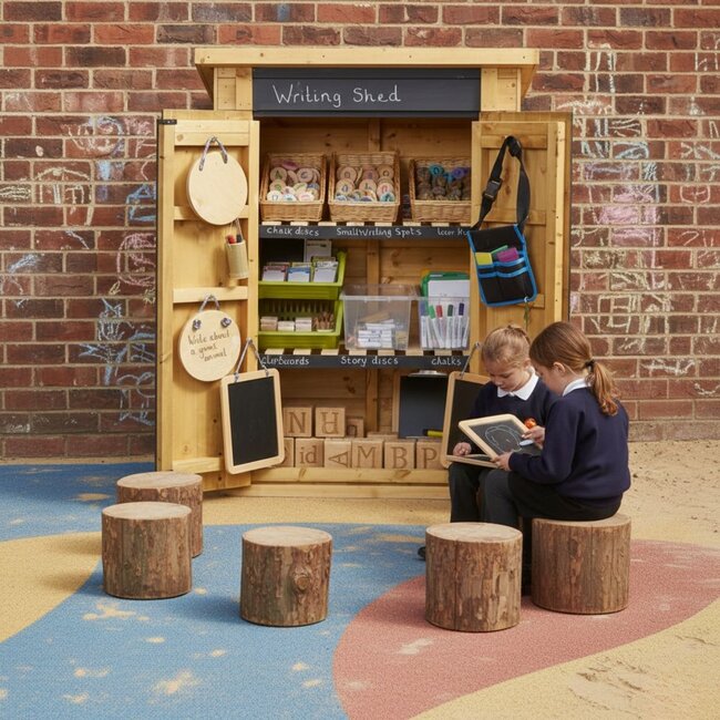 Maison d’écriture avec tableau – Organiser le matériel et stimuler créativité et apprentissage en plein air