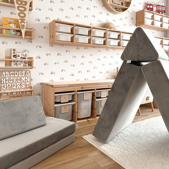 Luxus Montessori Spielsofa aus Grau Velvet – modulares Set