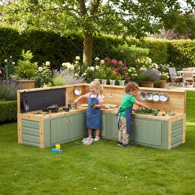 Country Green Corner Mud Kitchen | Duurzame Buitenkeuken voor Creatief Modderspel
