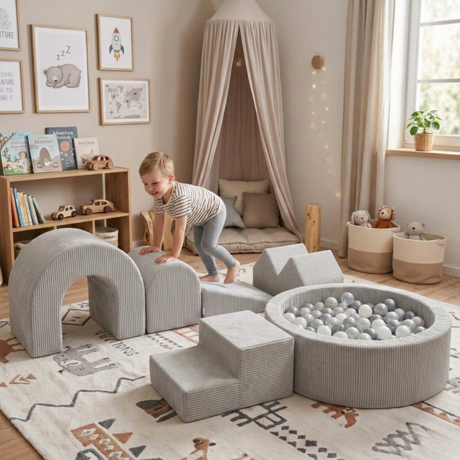 Set de jeu XL en tissu côtelé avec bac à balles et 5 blocs en mousse gris – doux, élégant et sûr pour le jeu