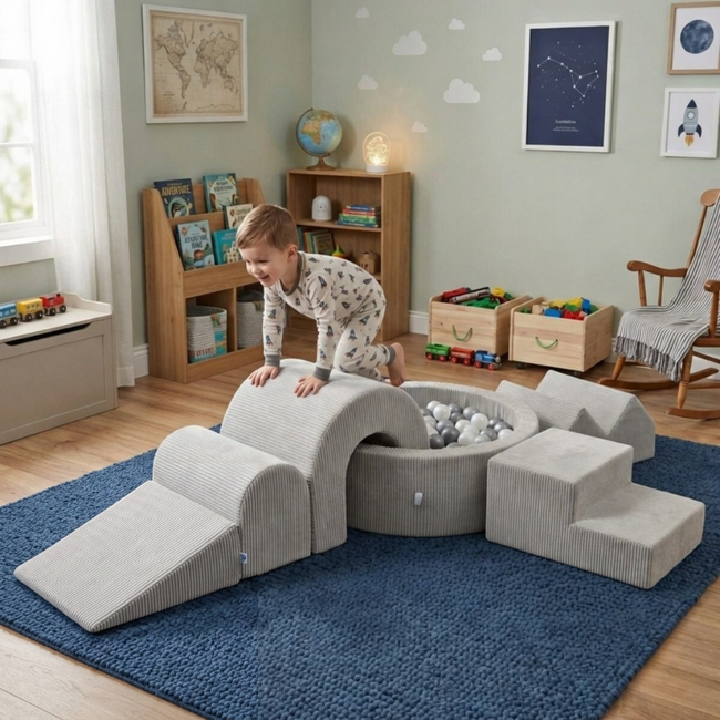 Set de jeu XL en tissu côtelé avec bac à balles et 5 blocs en mousse gris – doux, élégant et sûr pour le jeu