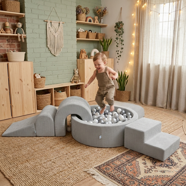 XL speelset van corduroy met ballenbak en 5 foamblokken in grijs – zacht, stijlvol en veilig speelplezier