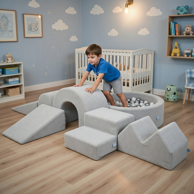 Set de jeu XL en tissu côtelé avec bac à balles et 5 blocs en mousse gris – doux, élégant et sûr pour le jeu