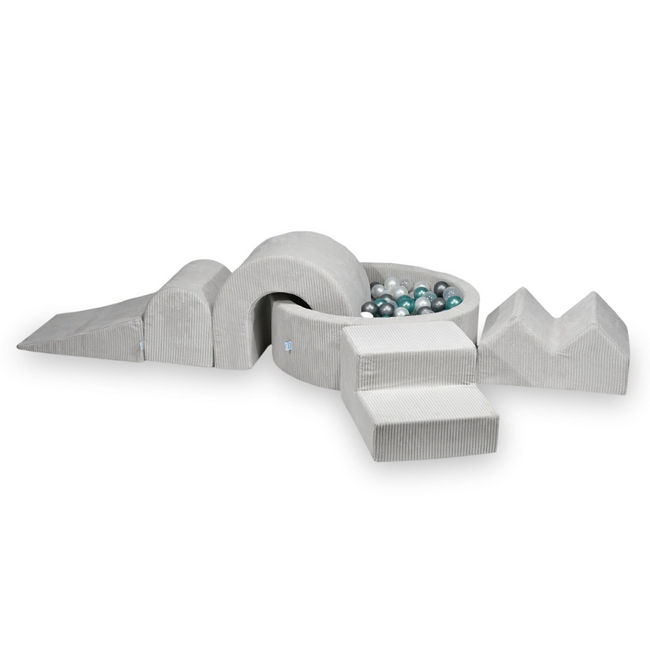 XL play set in corduroy with ball pit and 5 foam blocks in grey – soft, stylish, and safe playtime fun