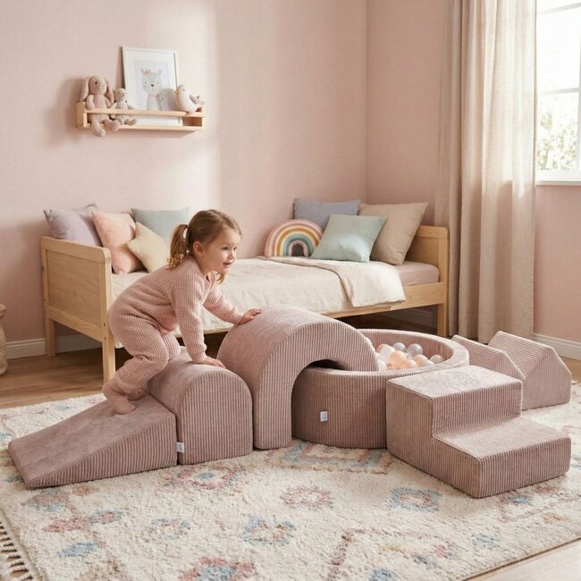 XL-Spielset aus Cord mit Bällebad und 5 Schaumblöcken in Rosa – weich, stilvoll und sicheres Spielvergnügen