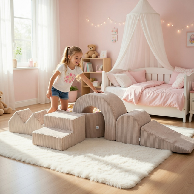 XL play set in corduroy with ball pit and 5 foam blocks in pink – soft, stylish, and safe playtime fun
