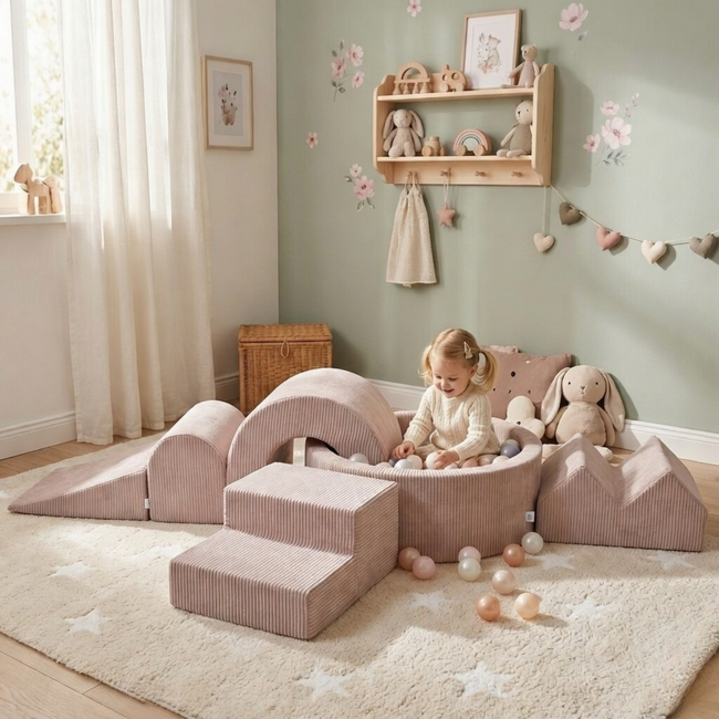 XL play set in corduroy with ball pit and 5 foam blocks in pink – soft, stylish, and safe playtime fun