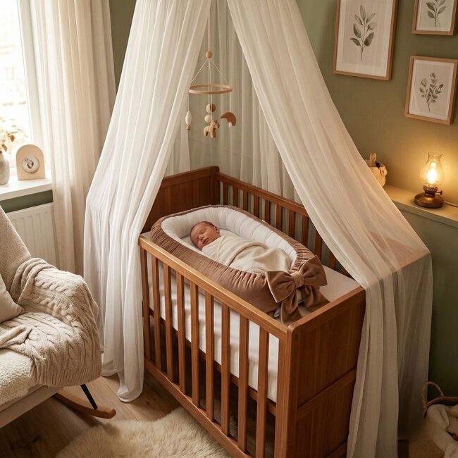 Luxury Velvet Baby Nest Brown & White with Bow – Safe Sleep