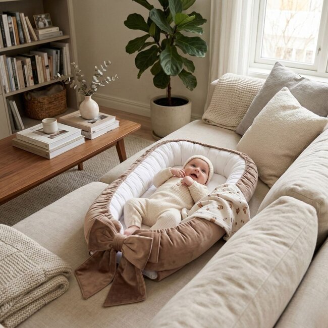 Luxe Velvet Babynestje Bruin & Wit met Strik – Zacht & Veilig Slapen
