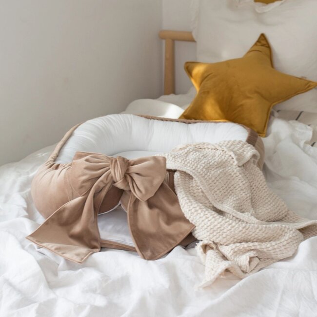 Luxury Velvet Baby Nest Brown & White with Bow – Safe Sleep