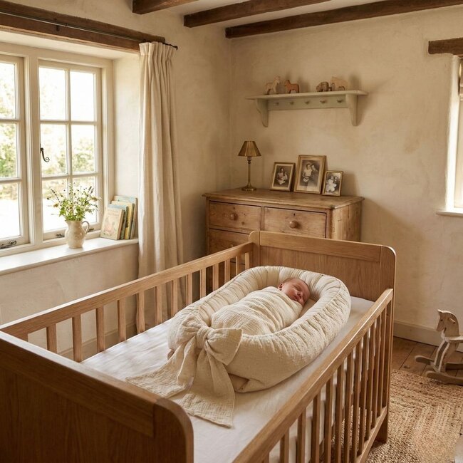Babynestje Lilly met strik in licht beige katoen – zacht, veilig en knus voor je baby