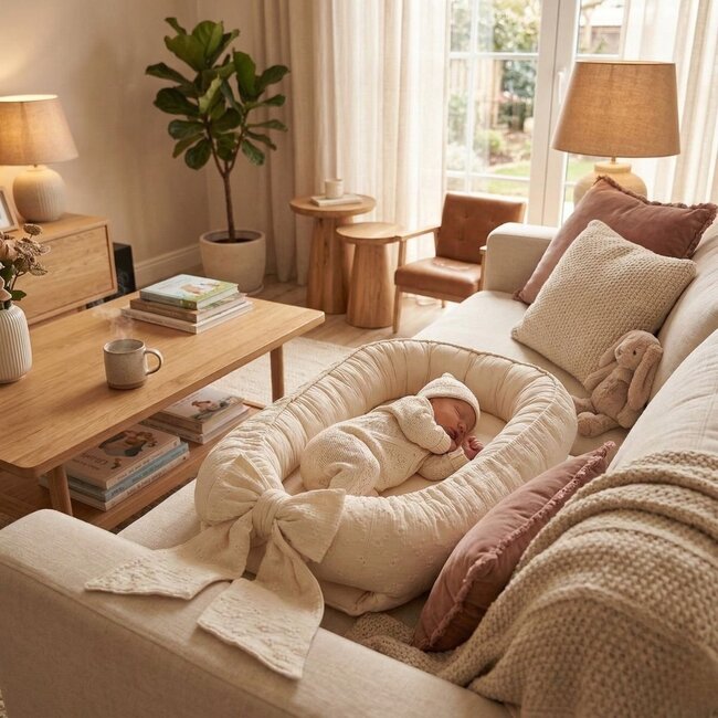 Nid d’enfant Lilly avec nœud en coton beige clair – doux, sûr et confortable pour bébé
