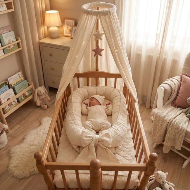 Nid d’enfant Lilly avec nœud en coton beige clair – doux, sûr et confortable pour bébé