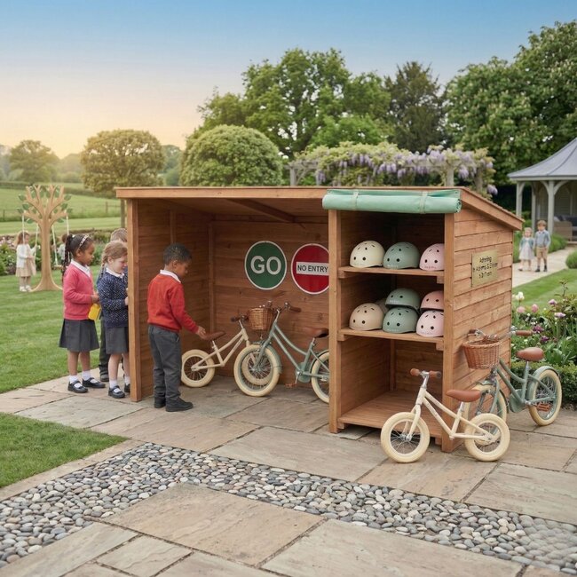 Fahrradunterstand aus Holz für Kindergarten – Inkl. Regale – 200cm