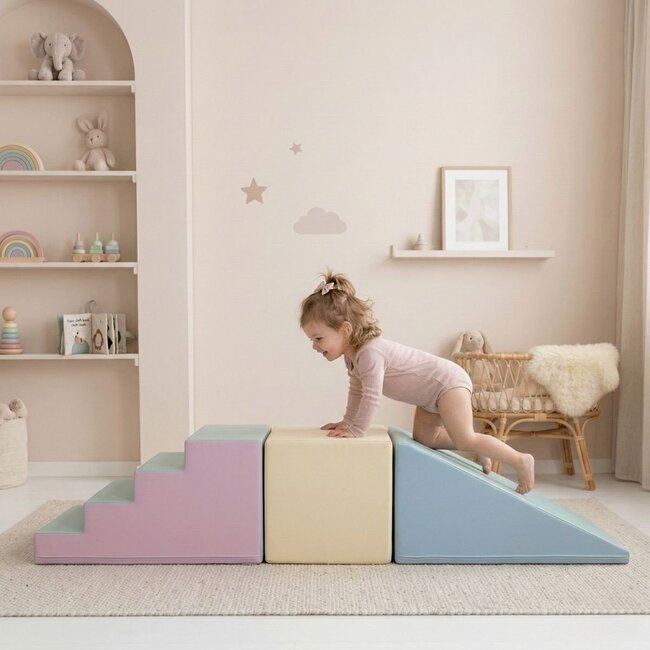 Softplay XL Klimset Pastel met Glijbaan, Trap en Tussenblokken