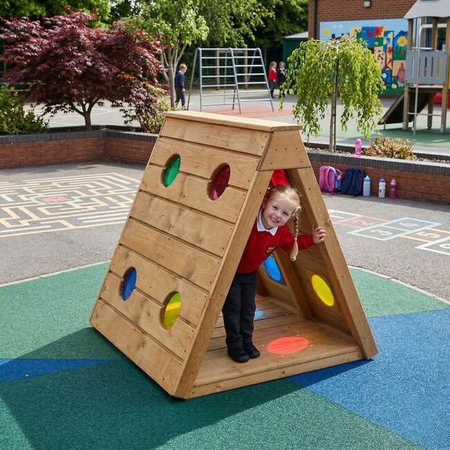Crawl Through Playhouse Forest Fern - Wooden Climbing Triangle with Coloured Windows