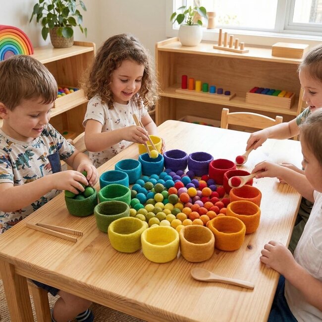 Viltballen Kleurrijk – Set van 120 Handgemaakte Ballen van Schapenwol