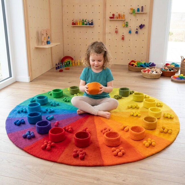 Tapis de Jeu en Feutre Calendrier Annuel & Horloge d'Apprentissage – Tapis Éducatif Artisanal en 100 % Laine de Mouton