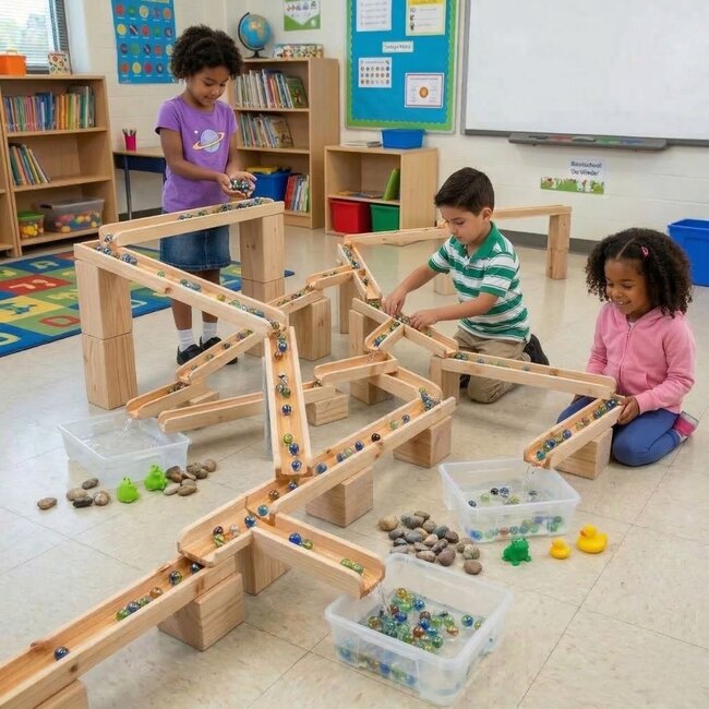 Wooden Block Set for Water and Marble Runs – 10-piece Set made of Untreated Pine