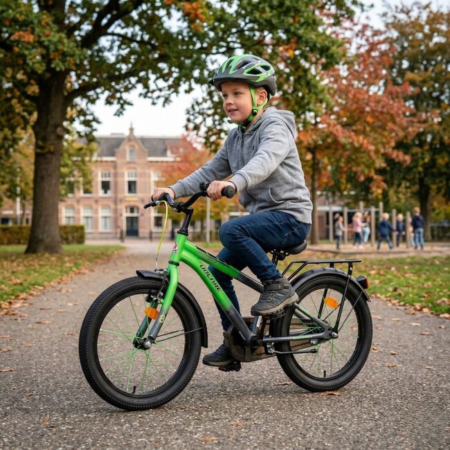 Stoere Jongensfiets 18 inch met Bagagedrager en Spatborden (4-7 jaar) – Grijs/Groen
