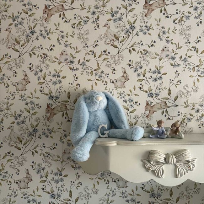 Sustainable Striped Wallpaper Meadow Friends with Bunnies and Ducks – Natural