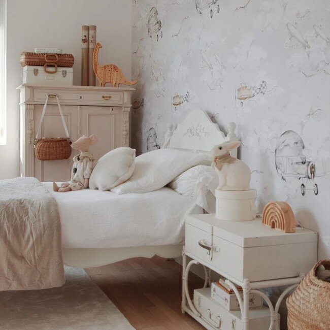 Sustainable Striped Wallpaper Magic Planes with Clouds and Aircraft (100 cm wide) – Blue-Grey