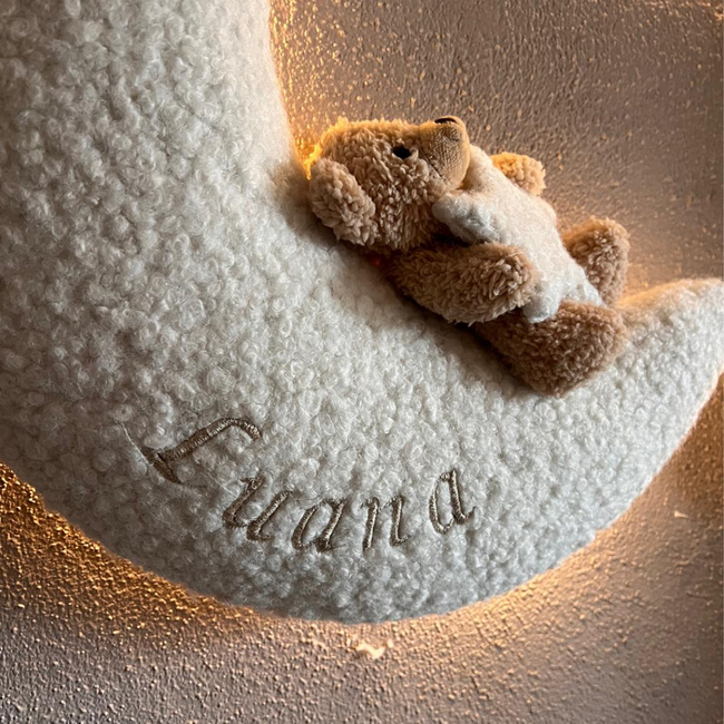 Verlichte Wanddecoratie Maan met Beige Beer & Witte Wolkjes