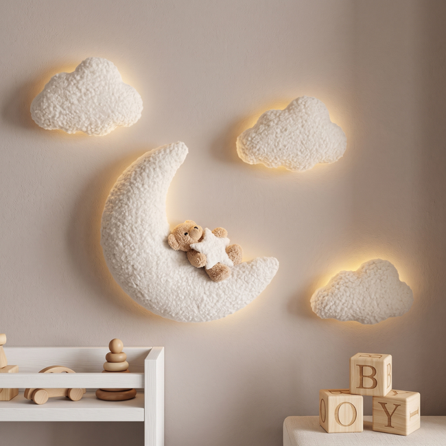 Verlichte Wanddecoratie Maan met Beige Beer & Witte Wolkjes