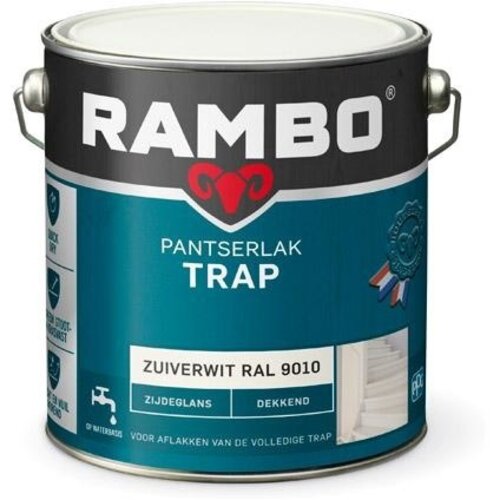 Rambo Pantserlak Trap Dekkend Zijdeglans - Zuiverwit Ral 9010 Rambo Pantserlak Trap Dekkend Zijdeglans - Zuiverwit Ral 9010