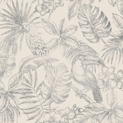 Dutch Wallcoverings Behang Escapade Toekan/Papegaai Wit/Zilver L707-09 Dutch Wallcoverings Behang Escapade Toekan/Papegaai Wit/Zilver L707-09