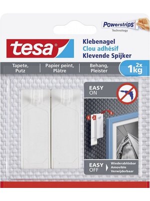 Tesa 77773 - klevende spijker voor behang en pleisterwerk tot 1kg - 13mm groot - Wit - 2 stuks