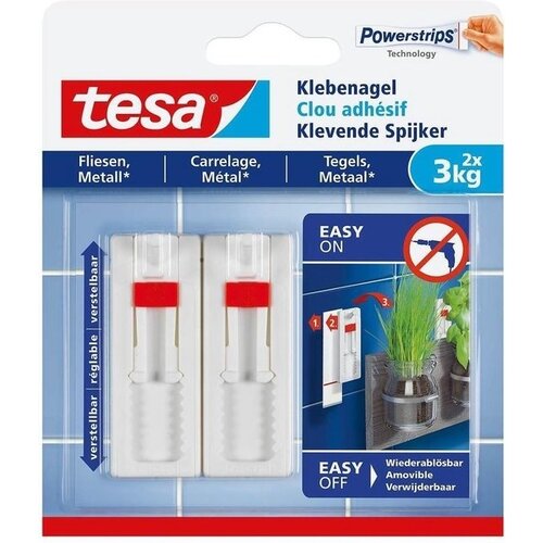 Tesa 77764 - verstelbare klevende spijker voor metaal en tegels - tot 3kg - 2 stuks