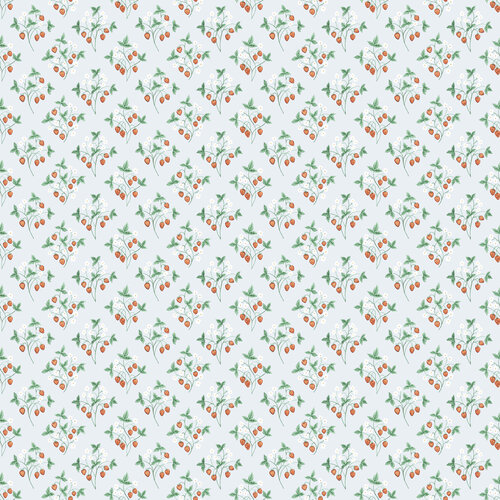 Dutch Wallcoverings Rosenlycka - Strawberries Blue - Blauw/Groen/Rood