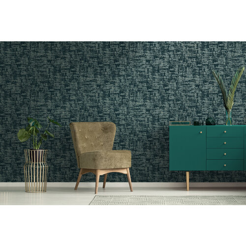 Dutch Wallcoverings Khalili - Brindle Flock Teal - Blauw/Zwart